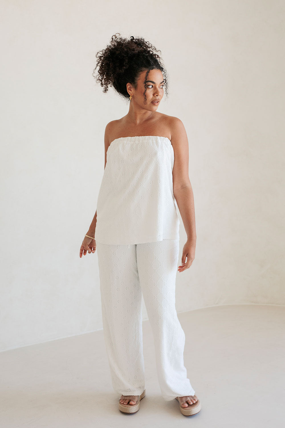 Unique White Ellira Pants with Yellow Elastic Waist