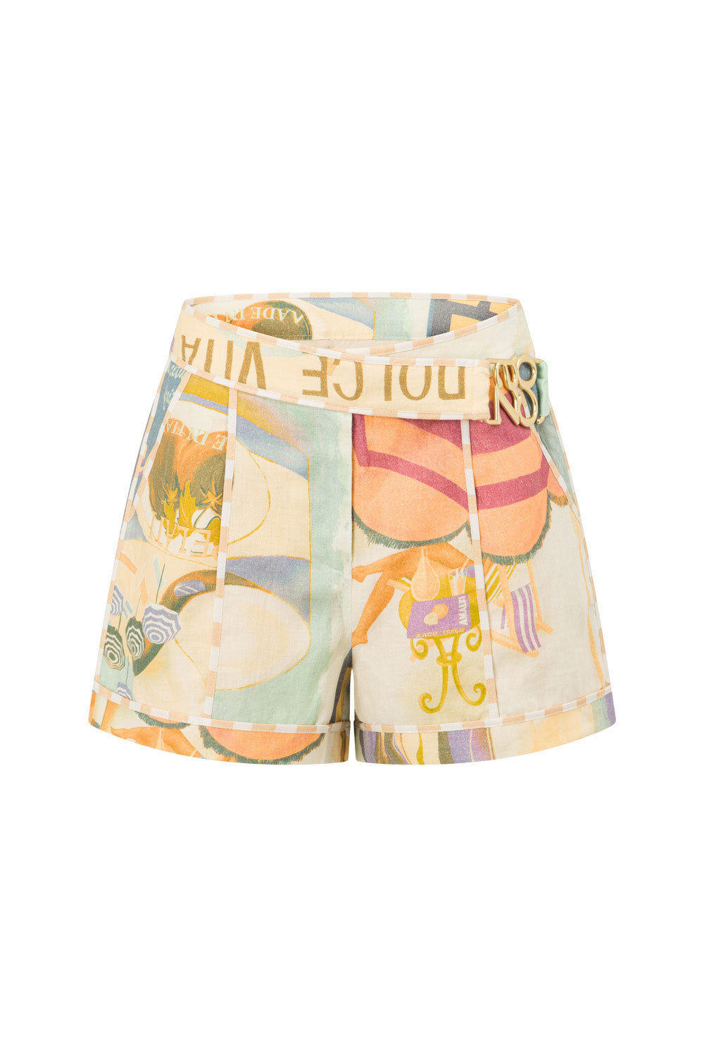 ZĀCO Exclusive Fiorire Acqua Printed Portofino Linen High - Waisted Summer Shorts