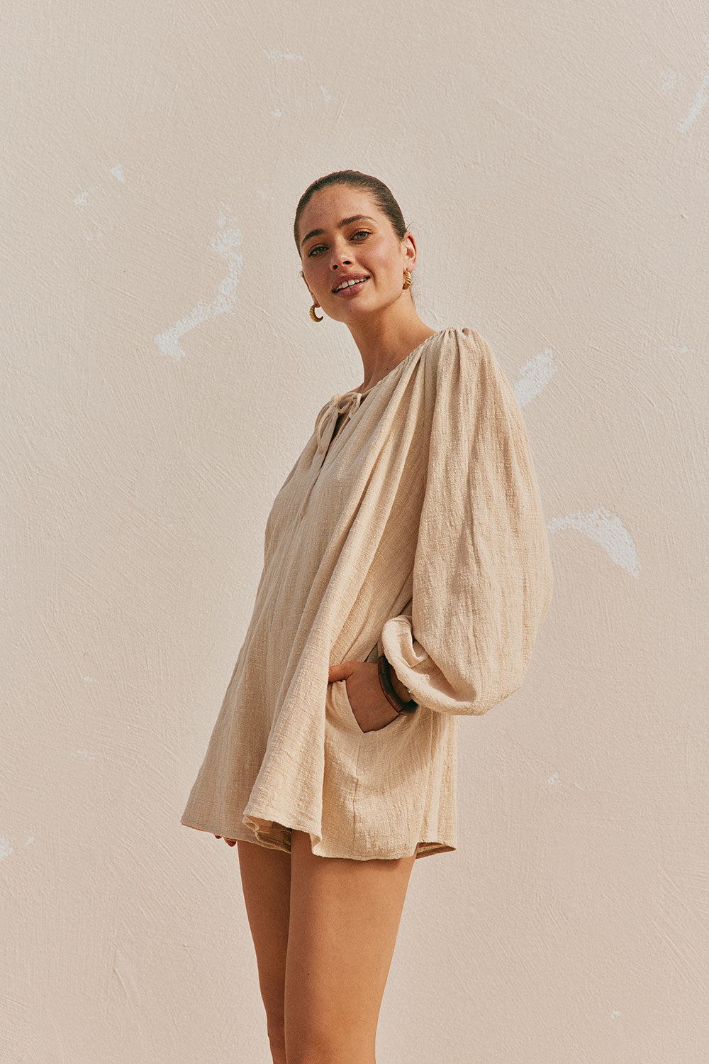 Tan High - Quality Natural Cotton Jasmin Playsuit with Unique Back Detail