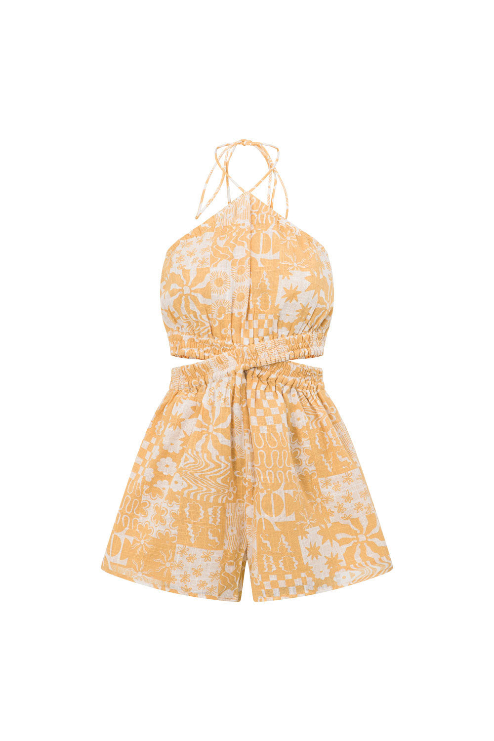 Exquisite Natural Cotton Madeira Playsuit with Tan Canyon Print