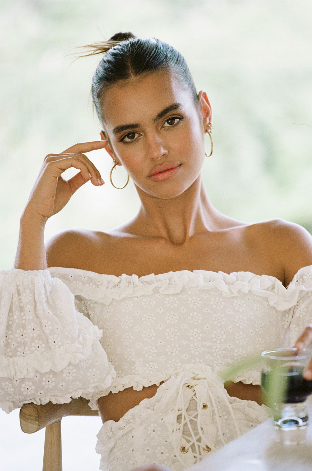 Off-White Natural Cotton Ruffle and Embroidered Off-Shoulder Dress