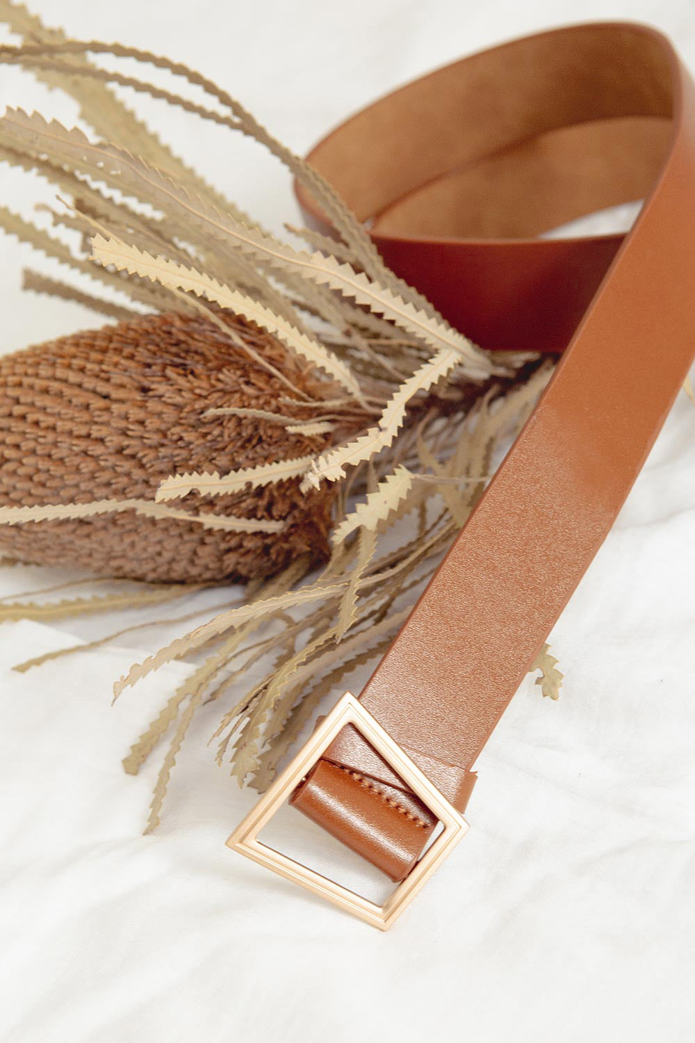 Tan Vegan Leather Geometric Belt with Asymmetric Gold - Toned Buckle