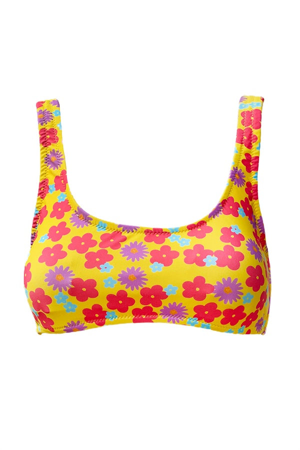 Exclusive Yellow Retro Floral Stretch Aster Scoop Neck Swim Top