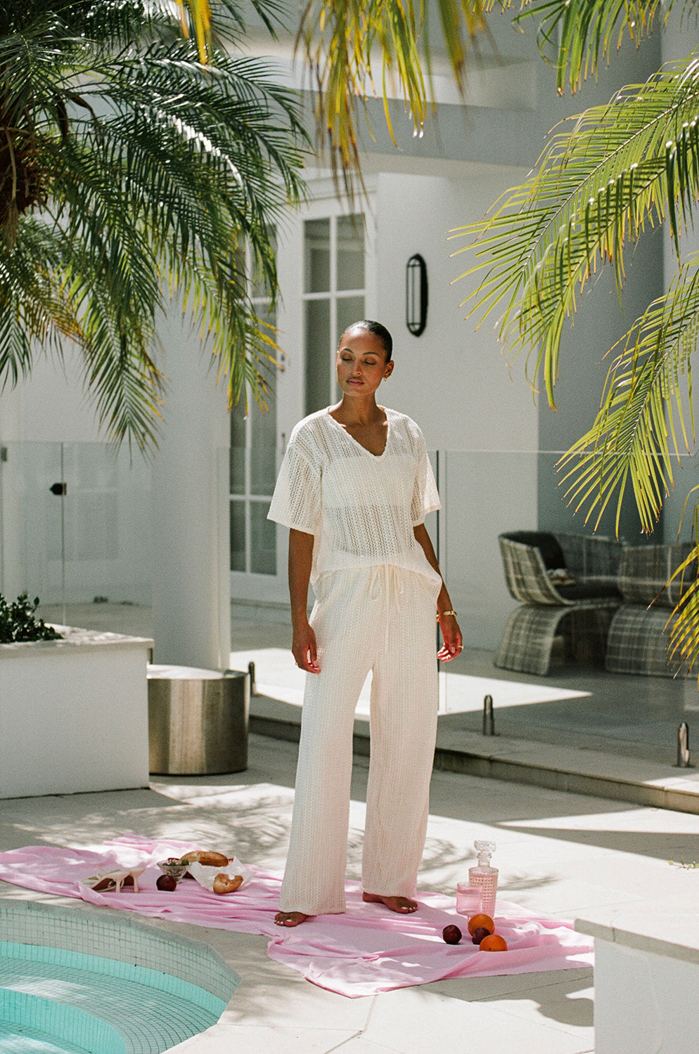 Luxurious Cream-hued Takito Woven Pants with Elasticated Waist