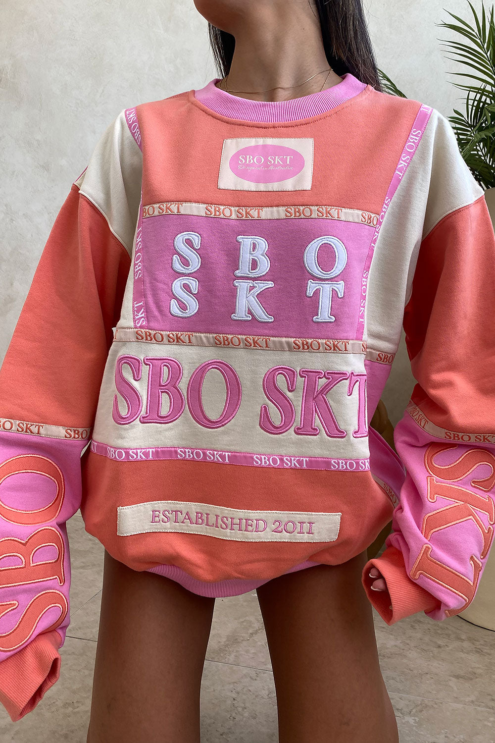 Vintage Oversized Porto Terry Sweater in Pink, Peach and Cream