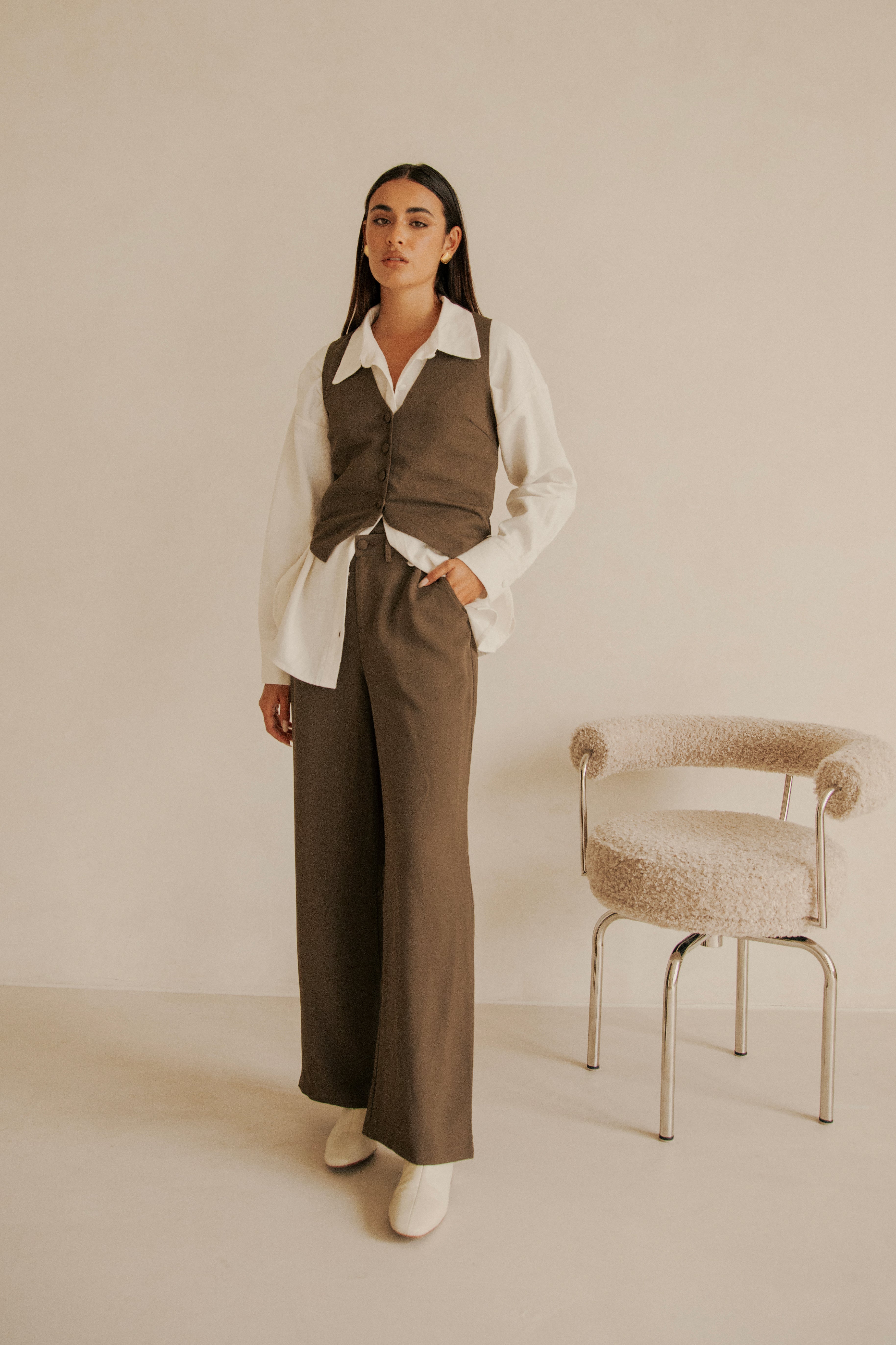 Luxurious Ashy Brown Chocolate Suiting Remi Top for Girls