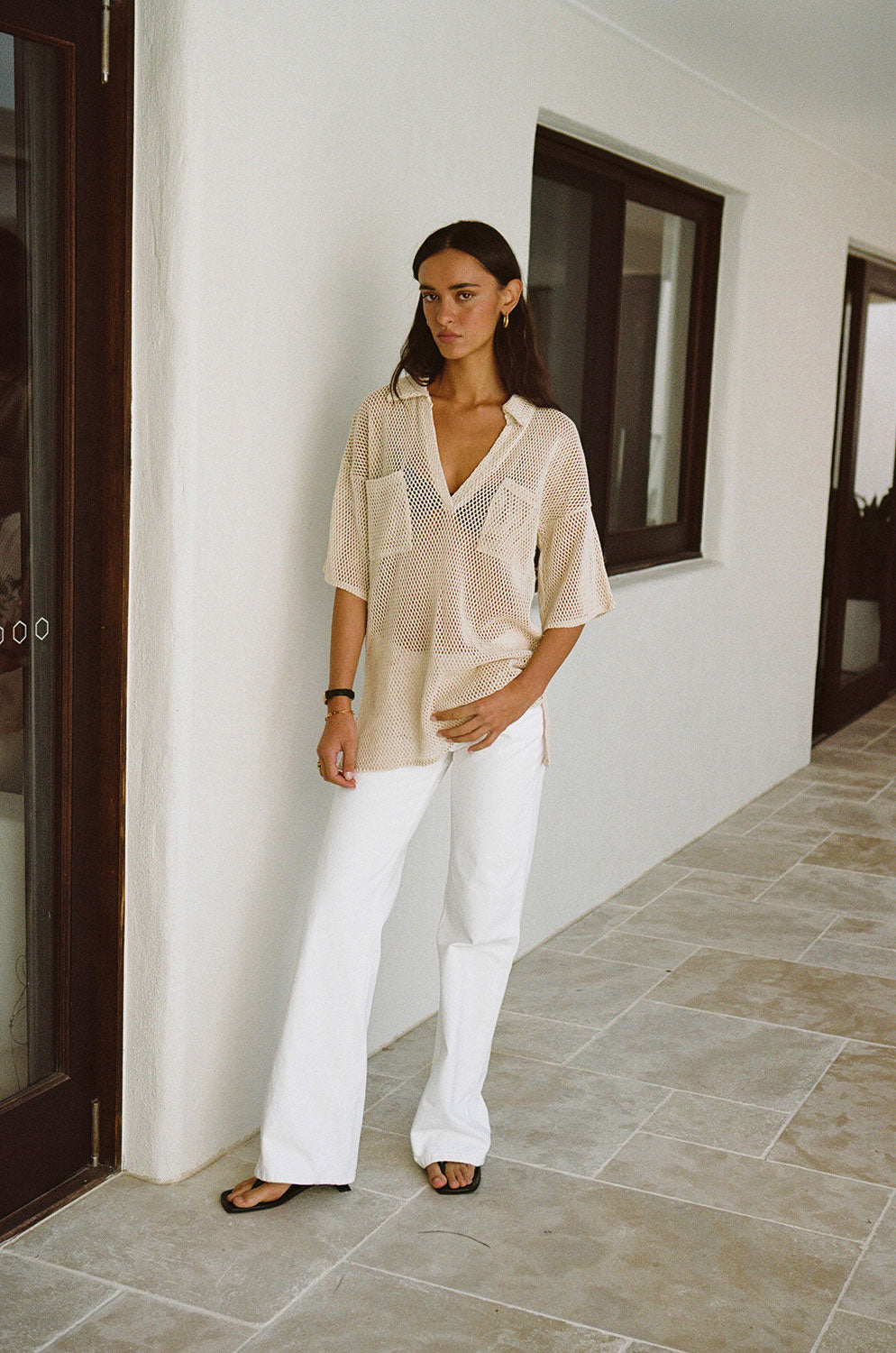 Beige Sheer Cotton Mesh Relaxed Bane Top with Collar and Pockets