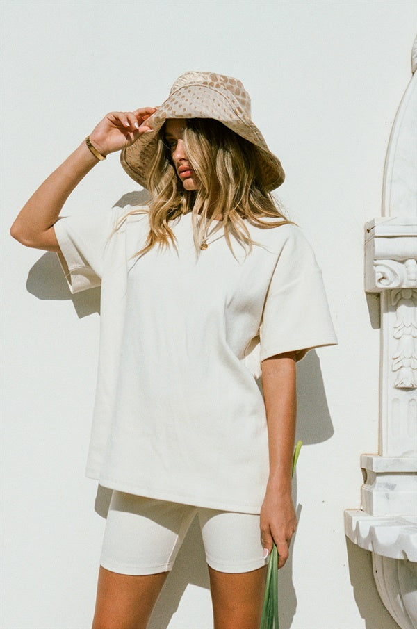 Comfy Cream Ribbed Short - Sleeve High - Rounded Neck Mellow Tee