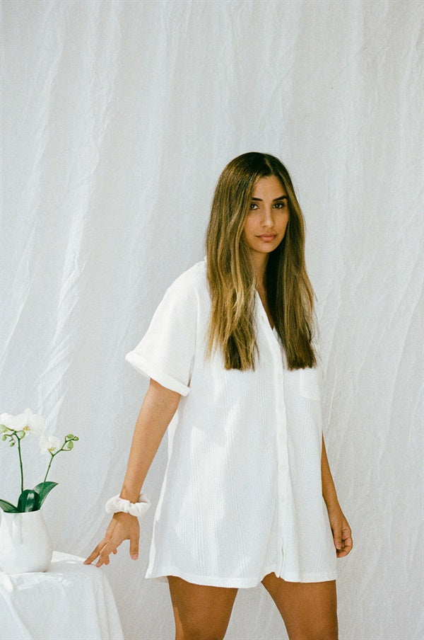 Comfortable Waffle Textured Shirt Style Dress for Relaxed Wear