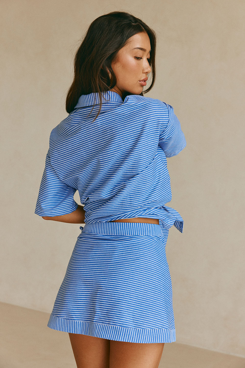 Alyssia Blue and White Striped Structured Cotton Blend Wrap Skirt for Women