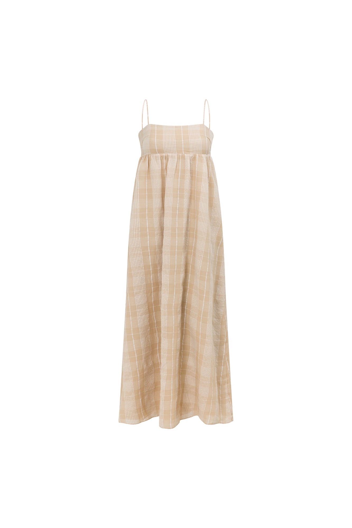 Stylish Azaria Tan Cotton Plaid Dress with Thin Straps