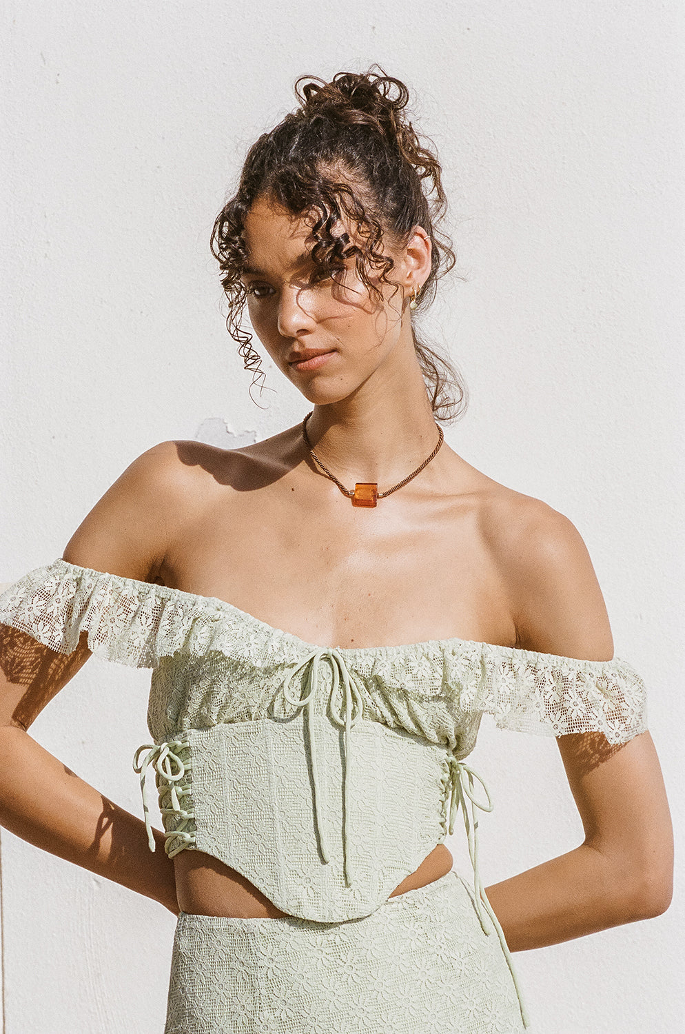 Exquisite Mint Hue Soft Lace Fabric Josa Lace Up Women's Top