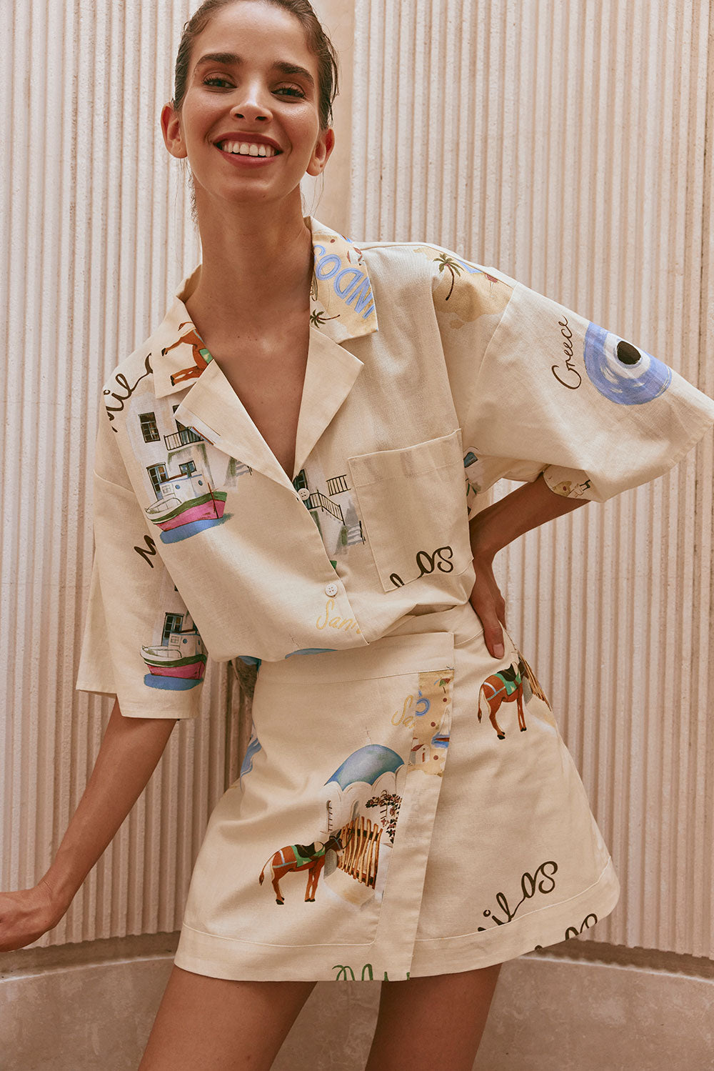 High - Quality Linen Cotton Kea Skirt with Isles Of Greece Print