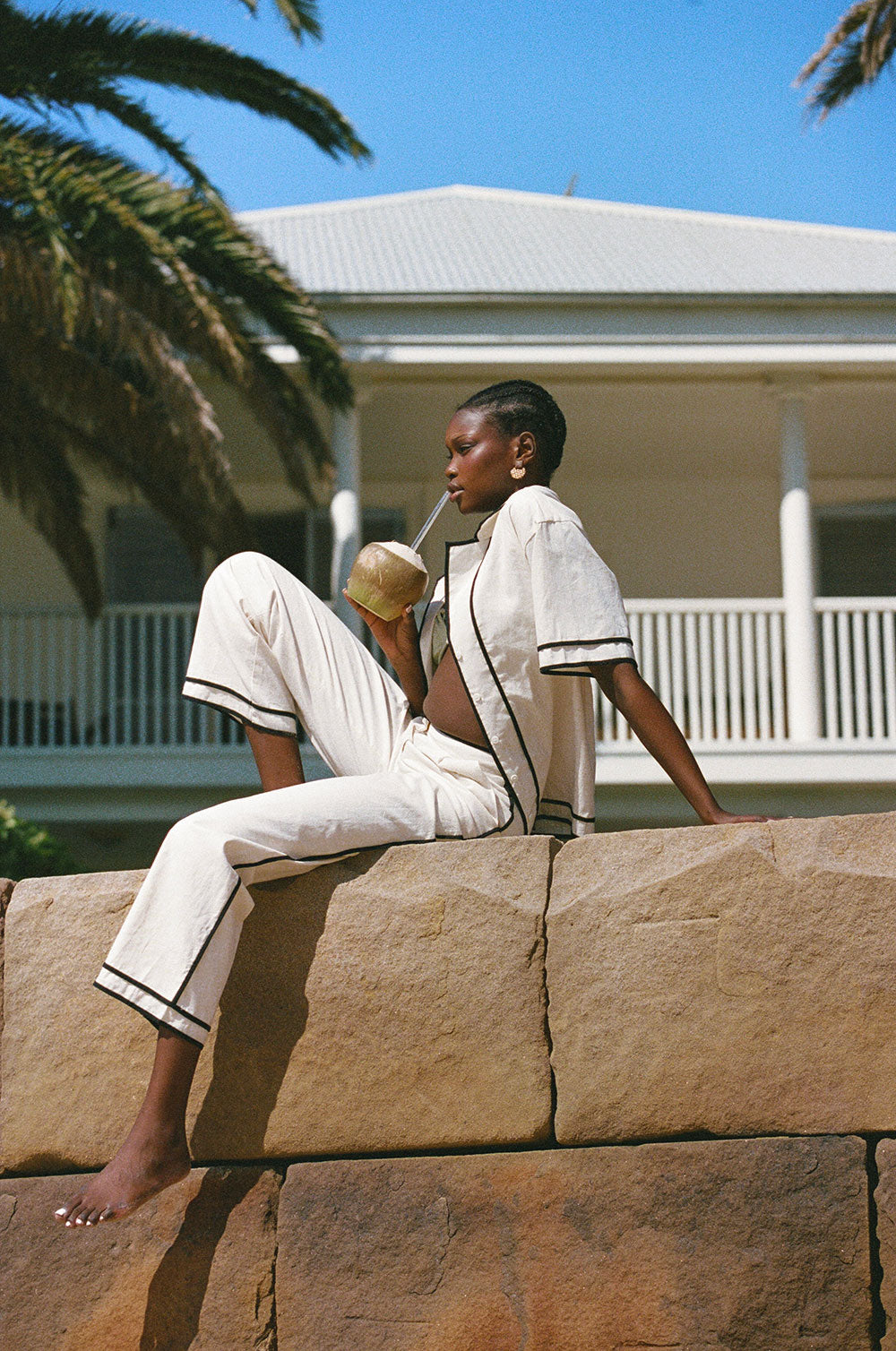 Elegant Cream Linen-Cotton Blend Lively Top with Black Bind Details