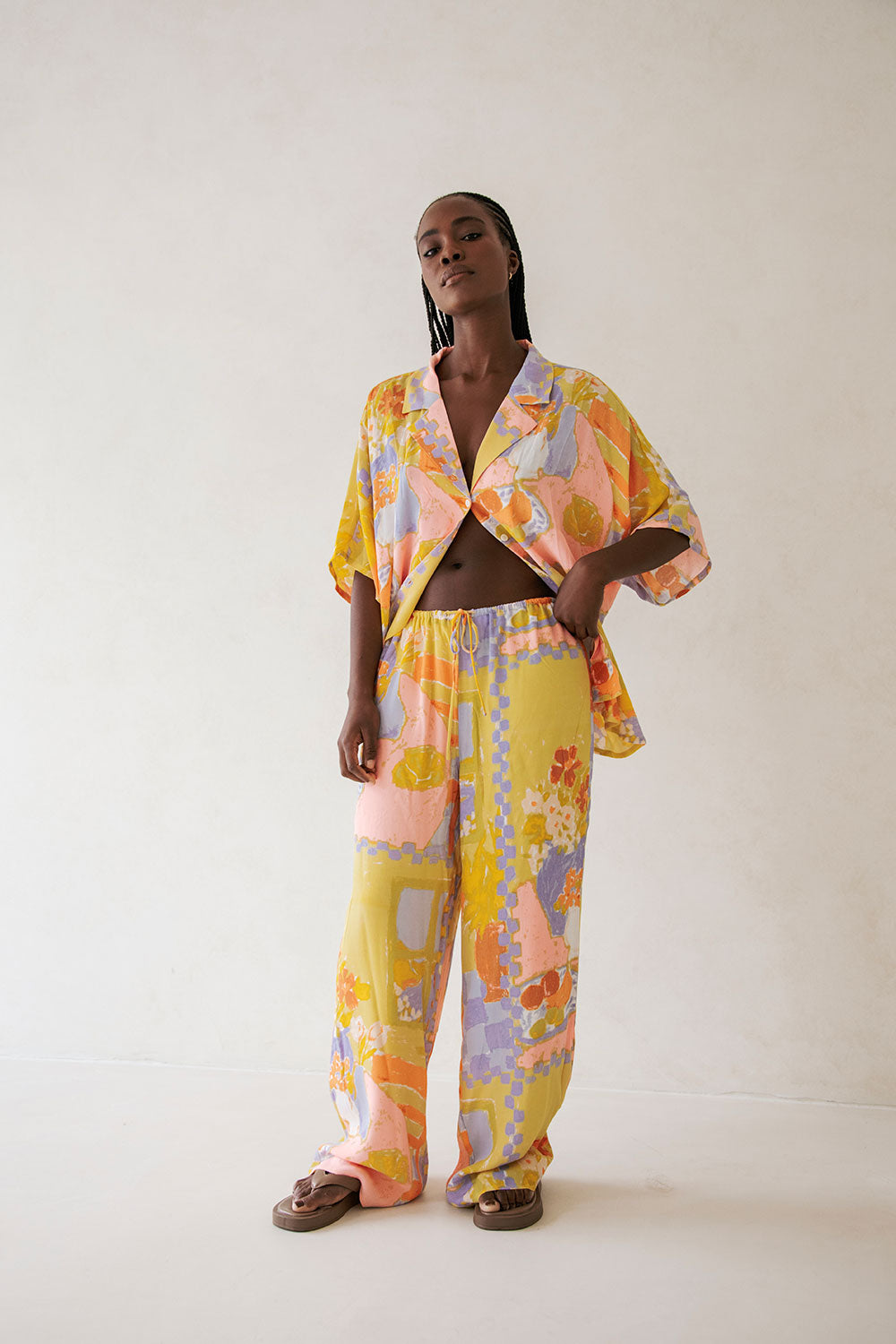 Morning Peach Print Chey High - Waisted Wide - Leg Vacation Pants