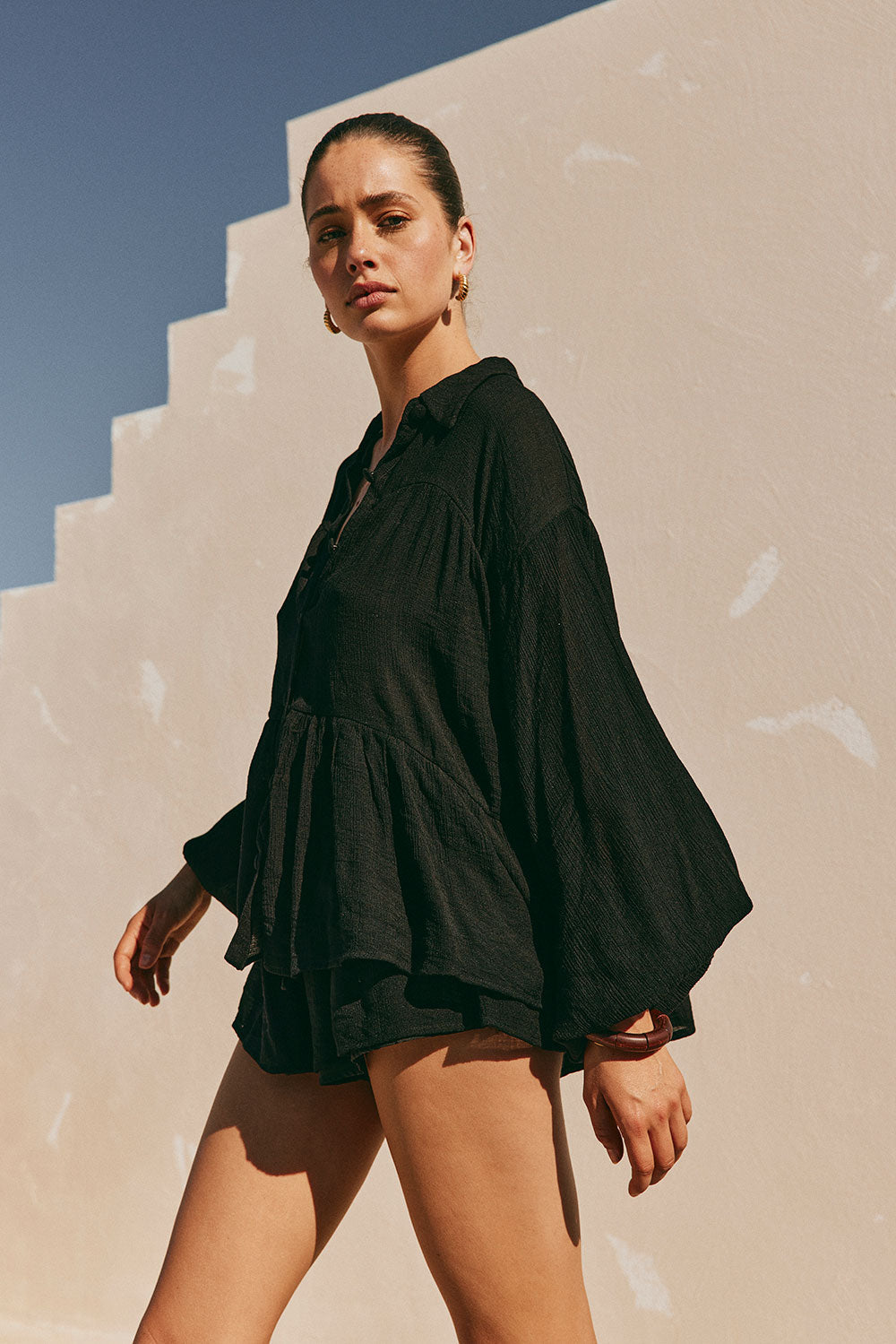 Black Lightweight Crepe Rayon Blend Huxley Top - Ideal for Weekends