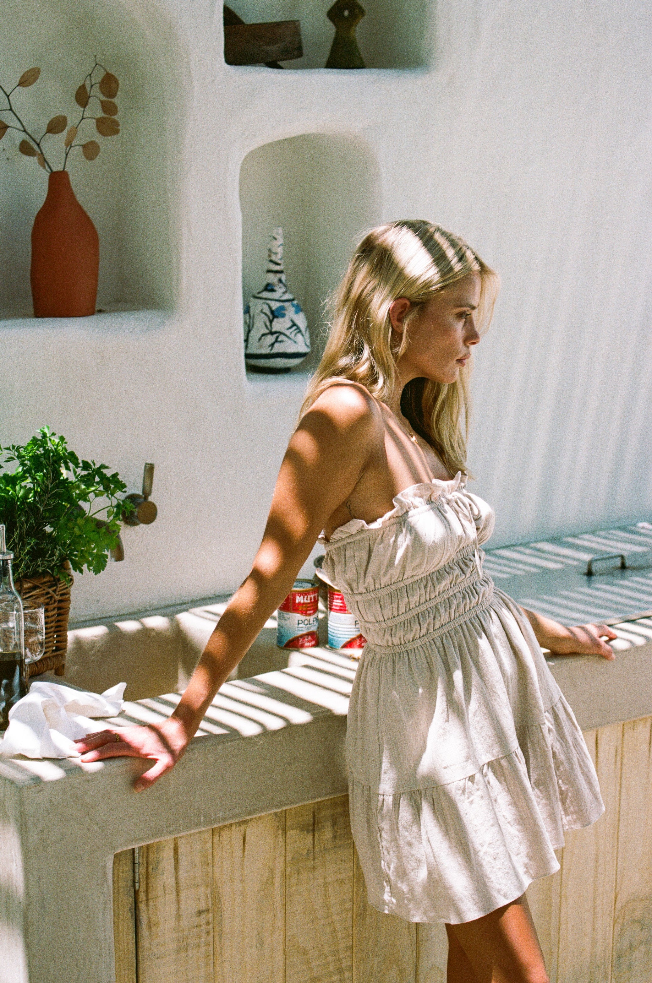 Beige Textured Cotton Blend Strapless Alaria Summer Dress