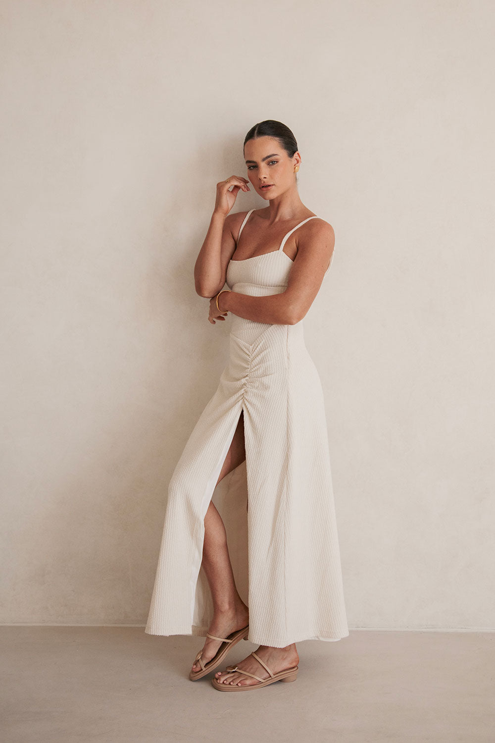 Beige Woven Seersucker Adjustable Straps Maxi Ebony Dress