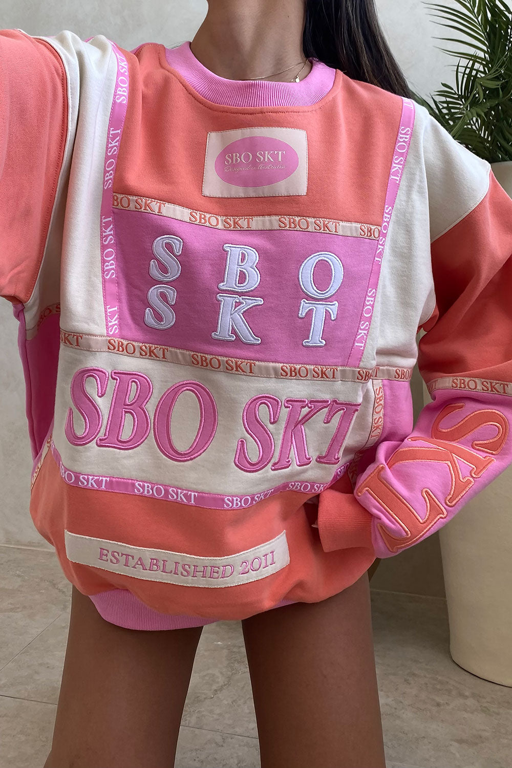 Vintage Oversized Porto Terry Sweater in Pink, Peach and Cream