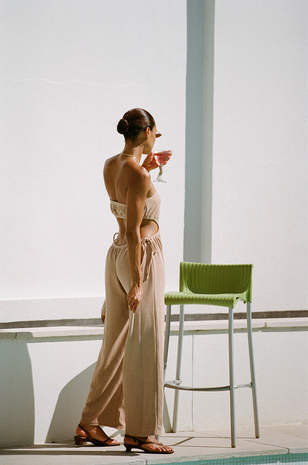 Tan Textured Waffle Fabric Strapless Ezel Women's Jumpsuit