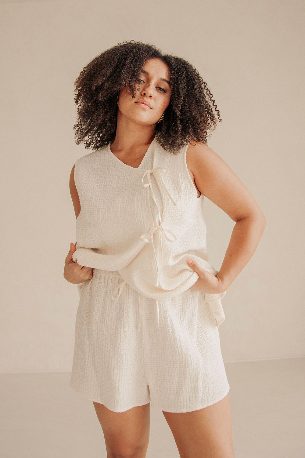 Sabo's Exclusive Cream High - Waisted Textured Cotton Ciel Shorts