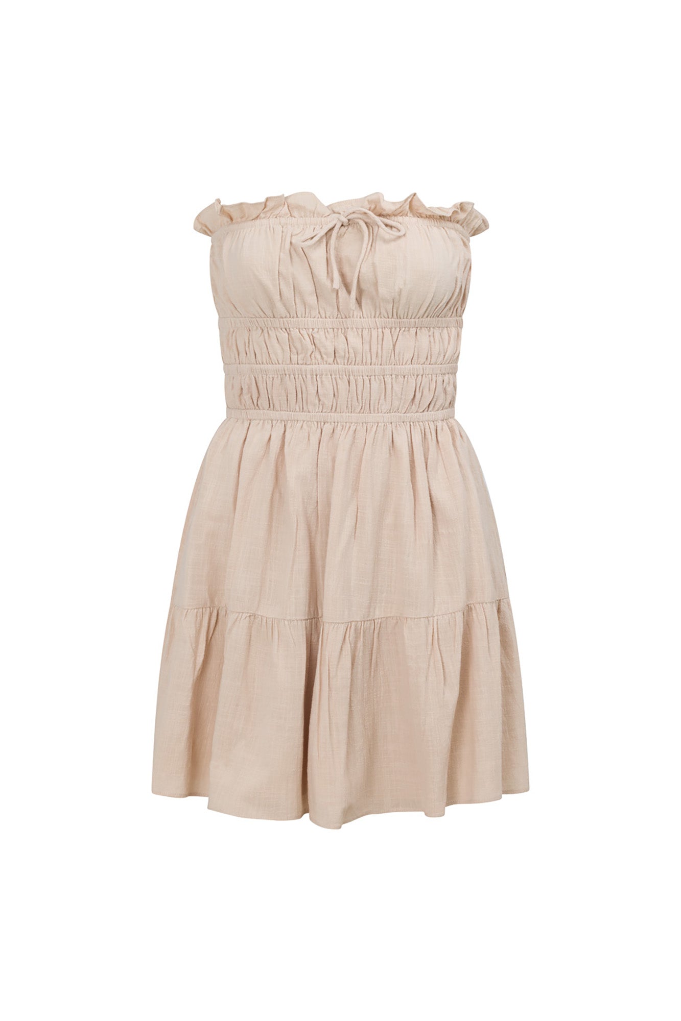 Beige Textured Cotton Blend Strapless Alaria Summer Dress