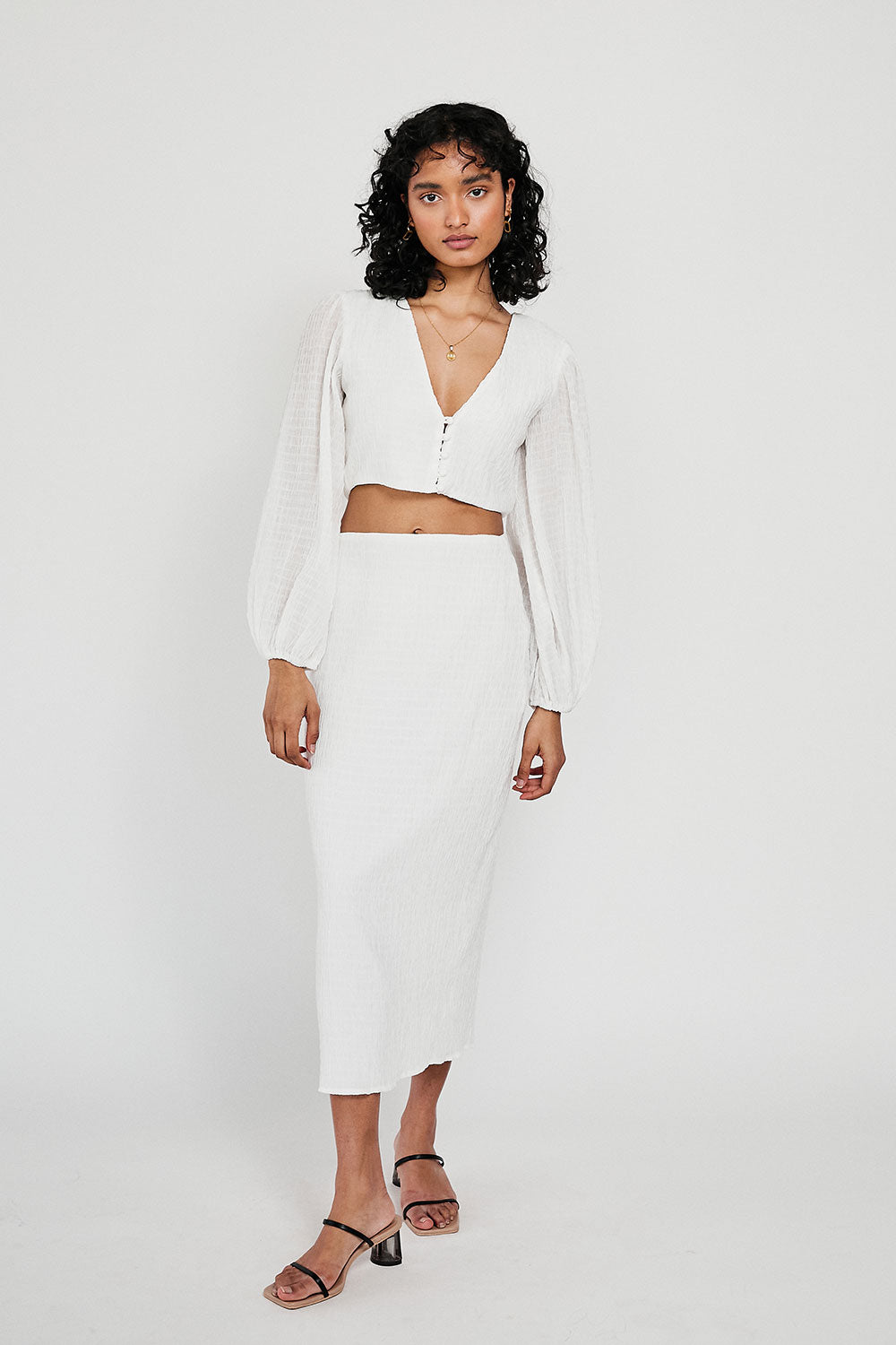 Exclusively Designed Off-White Textured Crepe Tasmin High-Waisted Midi Skirt