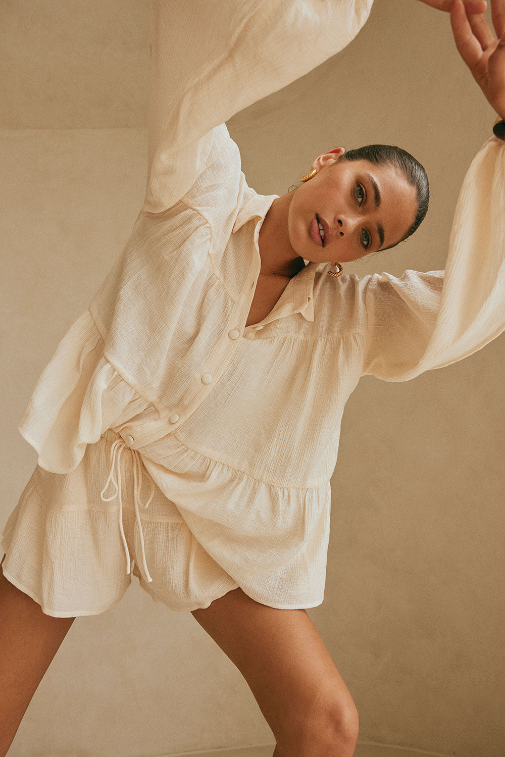 Cream-colored Lightweight Huxley Top with Puff Sleeves