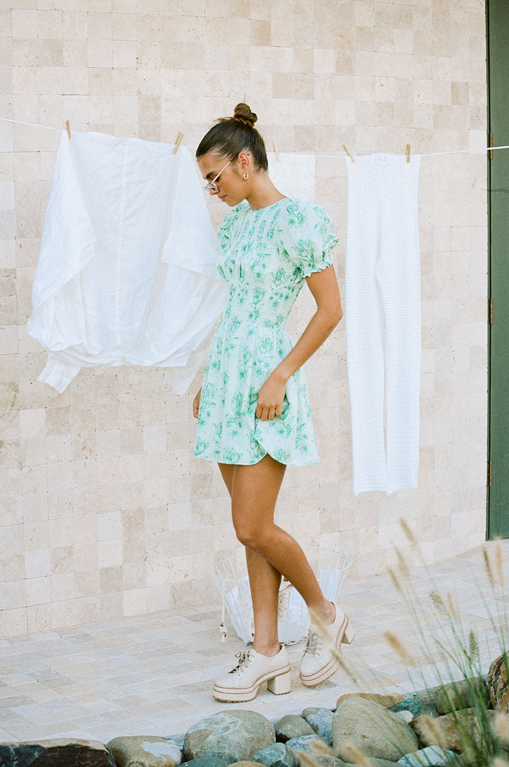 Elegant Charlize Shirred Dress with Exclusive Blushing Tulip Floral Print
