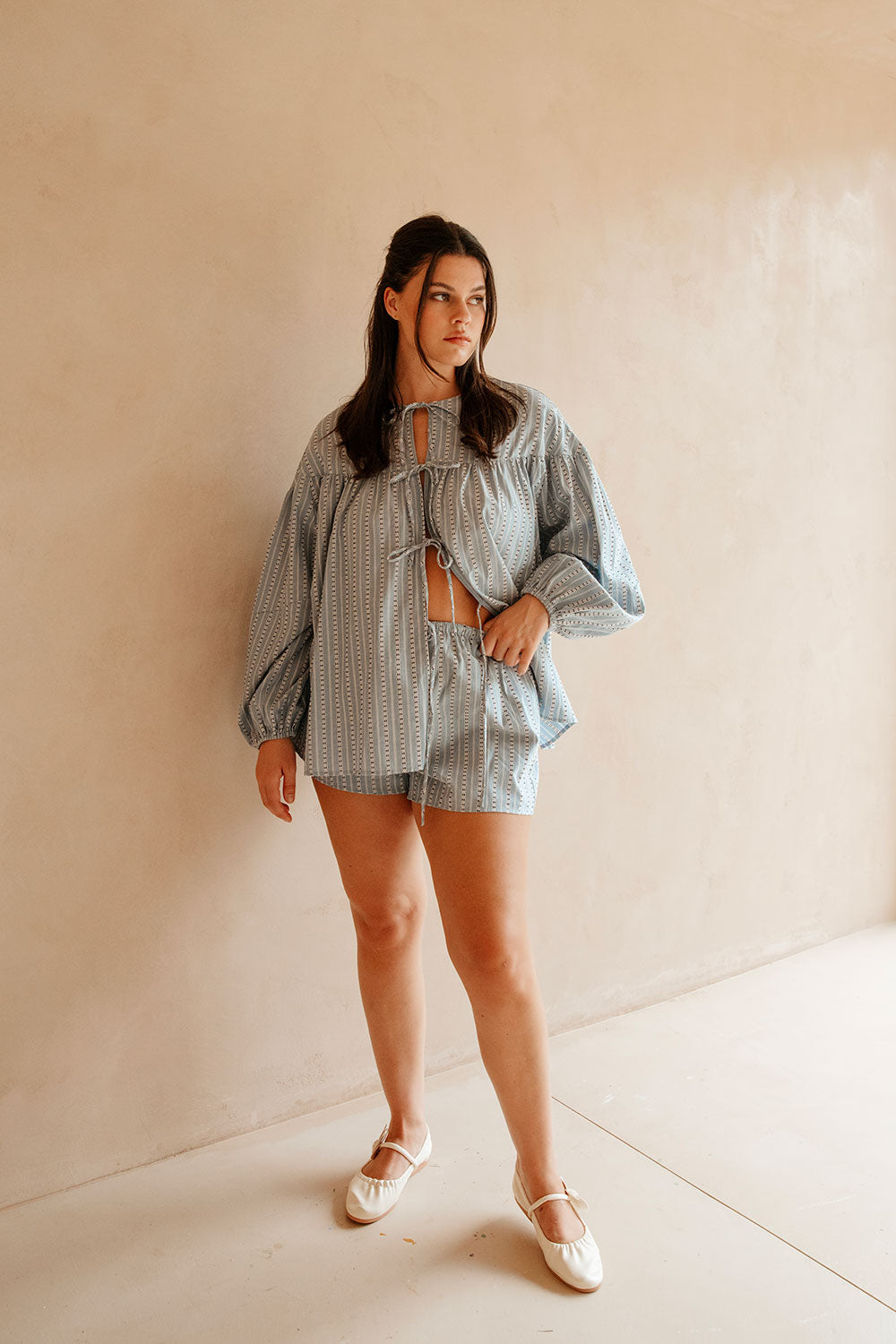 High - Waisted Blue Cotton Blend Mina Shorts with White Dobby Stripes