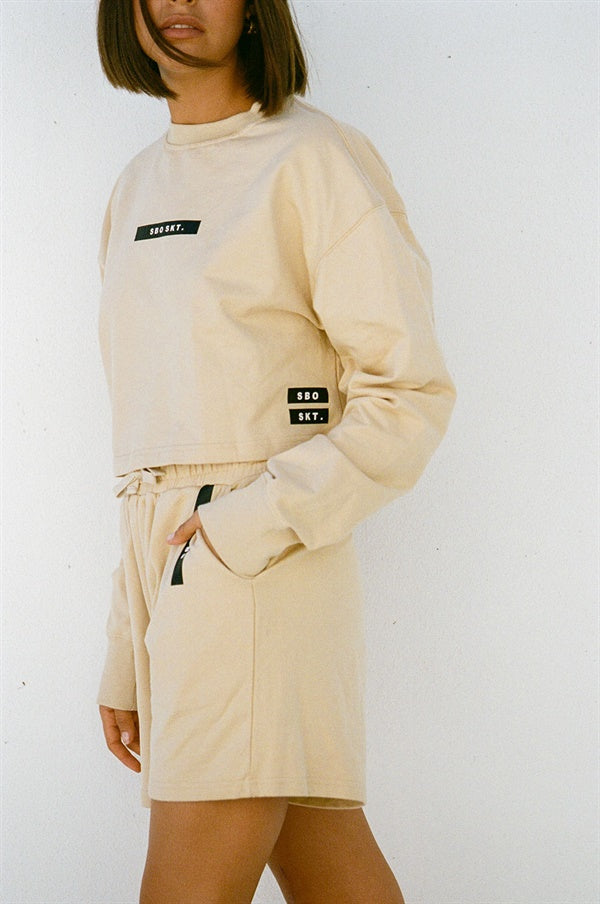 Tan Cropped Natural Cotton Terryback Barros Sweater with Black Detailing
