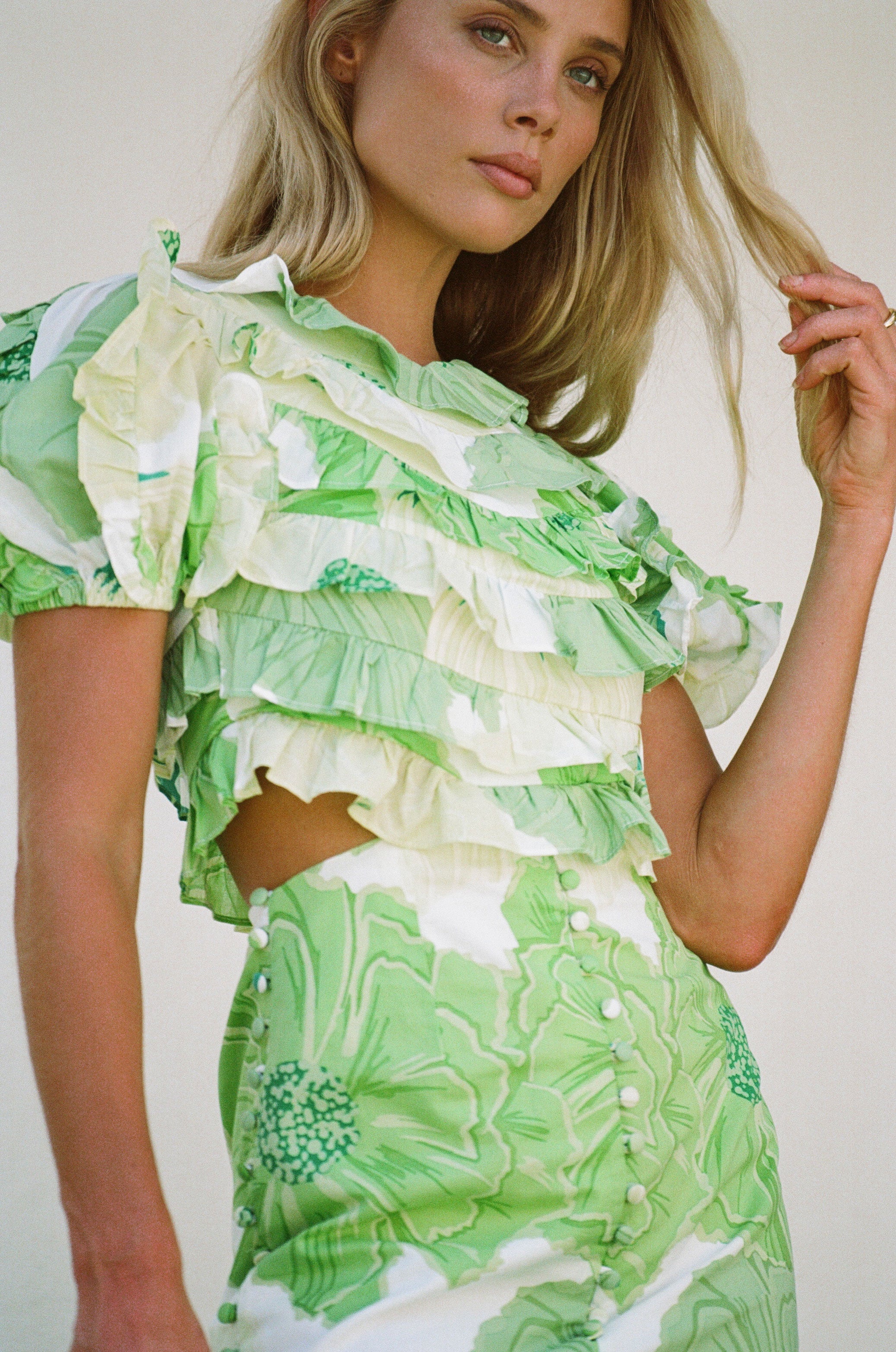 Exquisite Natural Cotton Voile Pierre Frill Dress with Moss Lily Print