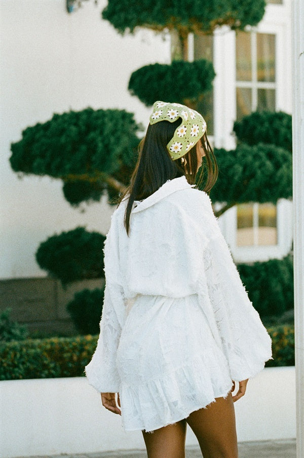 Stylish White Jacquard Belted Lota Dress with Puff Sleeves and Frill Hem