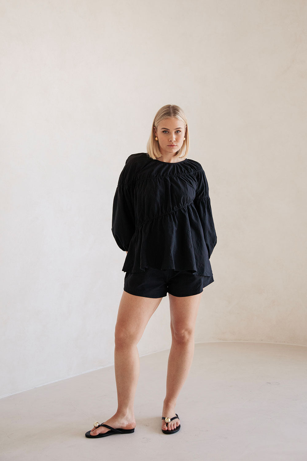 Black Cotton High Waisted Drawstring Elasticated Waist Akel Shorts