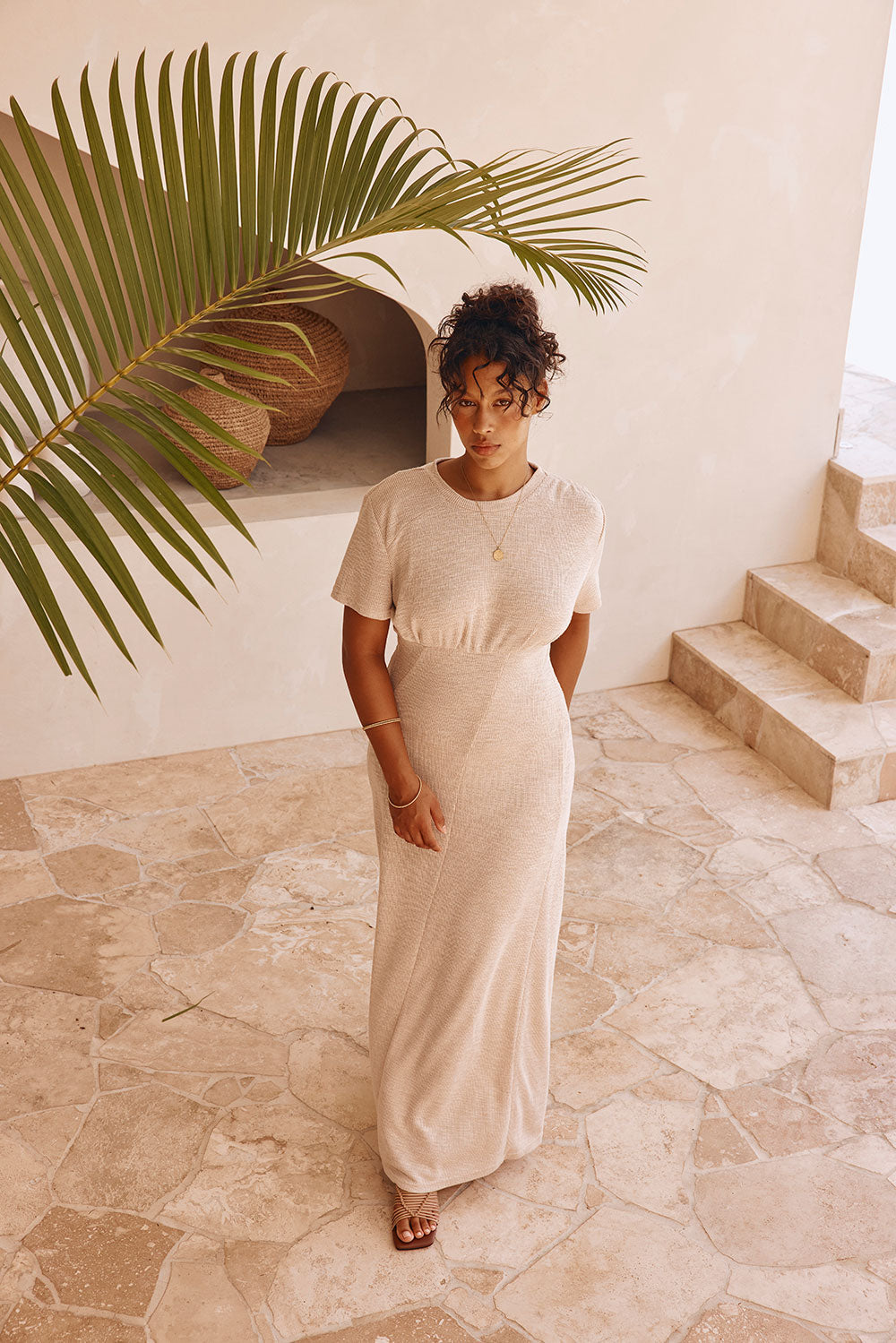 Exclusive Sabo-Designed Beige Ribbed Gizelle Maxi Dress