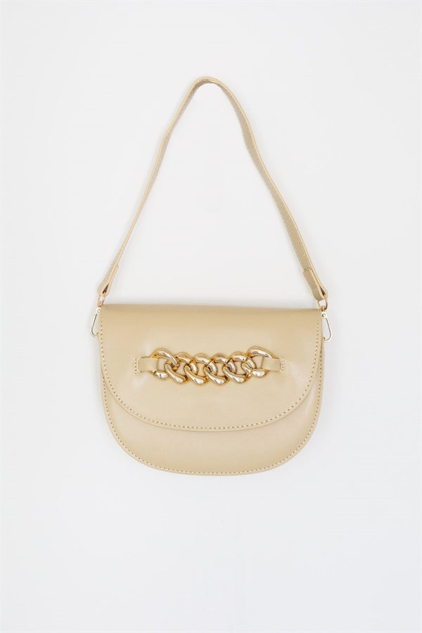 Stylish Khaki Vegan Leather Coco Chain Saddle Bag