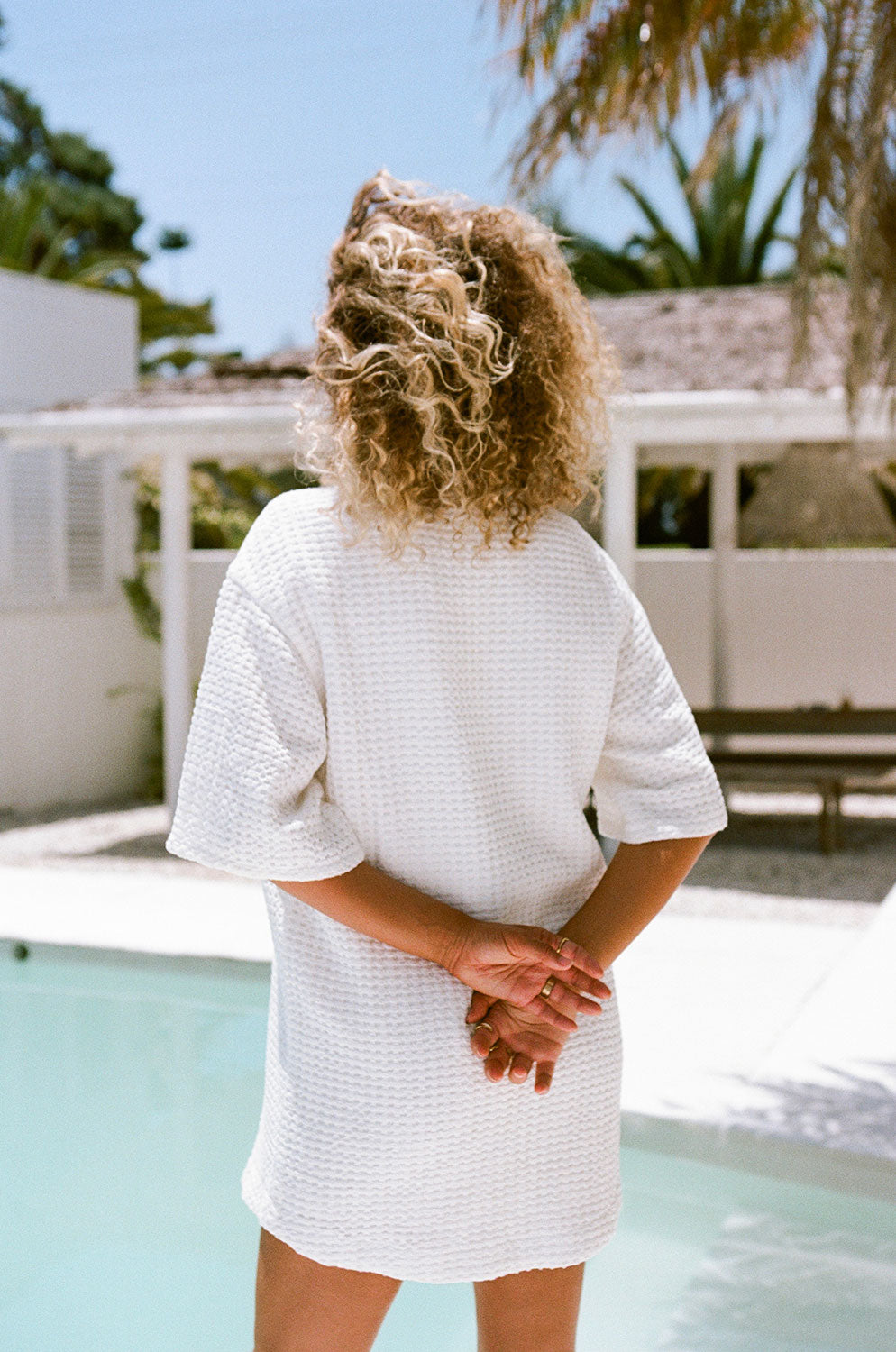 White Natural Textured Waffle Cotton Shani Wrap Dress for Vacation