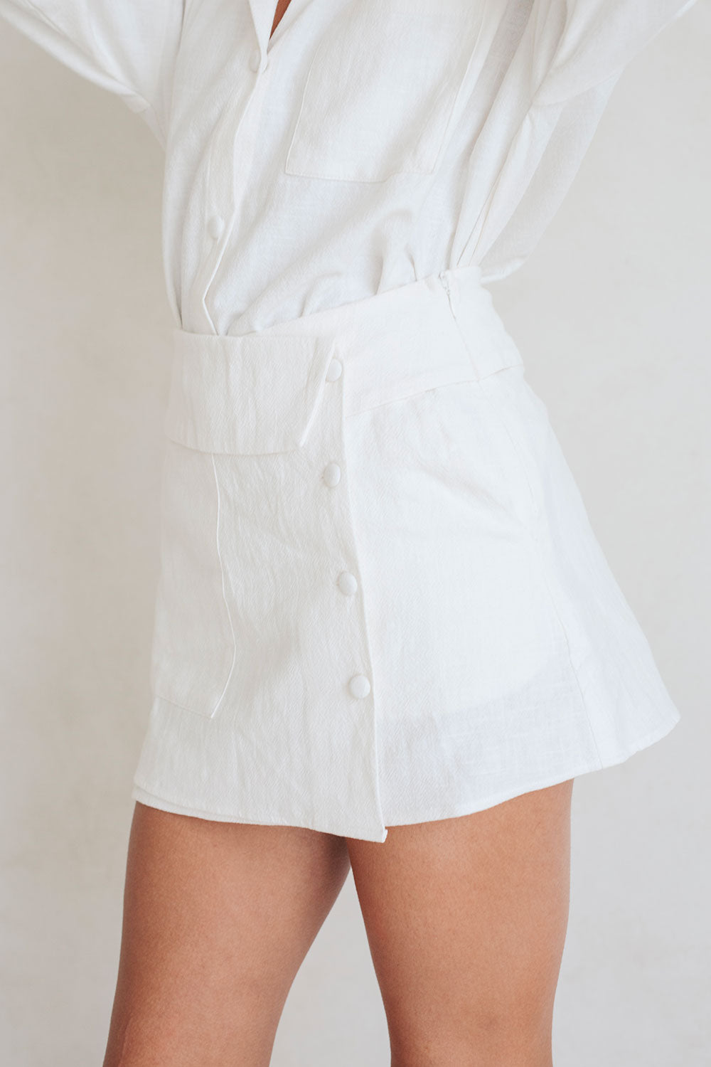 Sabo's Exclusively Designed White Mila Cotton - Ramie Blend Wrap Mini Skirt