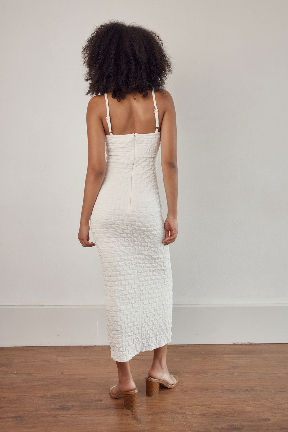 Exclusive Off-White Textured Bubble Cotton Blend Zantina Cutout Ankle Dress