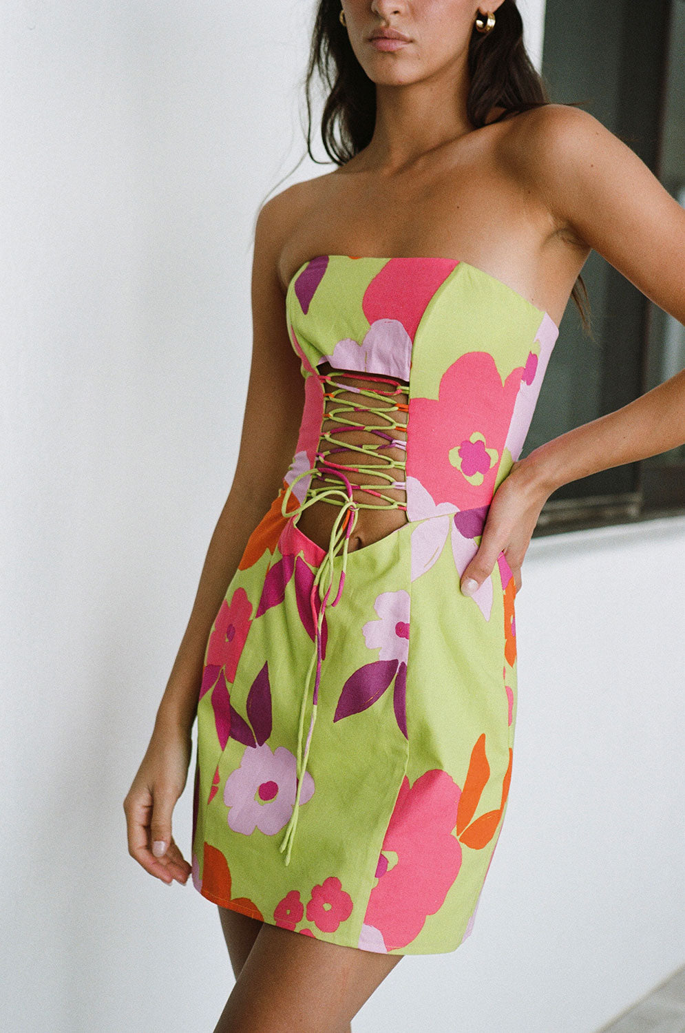 Lime Floral Romee Lace Up Women's Dress - A Stylish Sample Piece