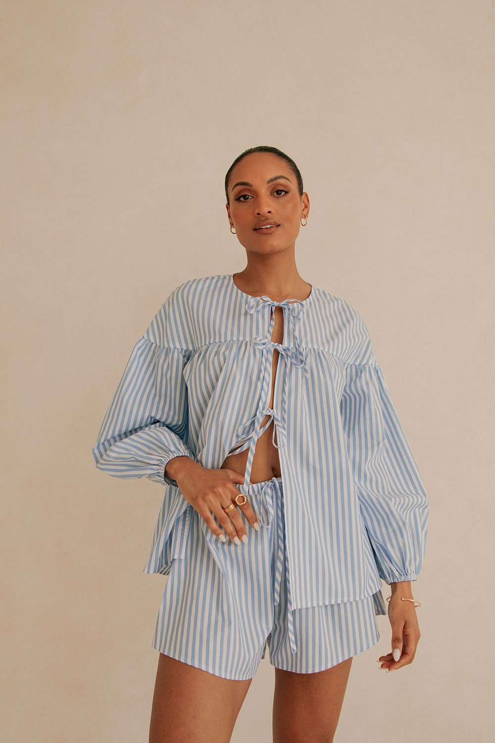 Stylish Sky Blue and White Striped Pennie Shorts for Summer