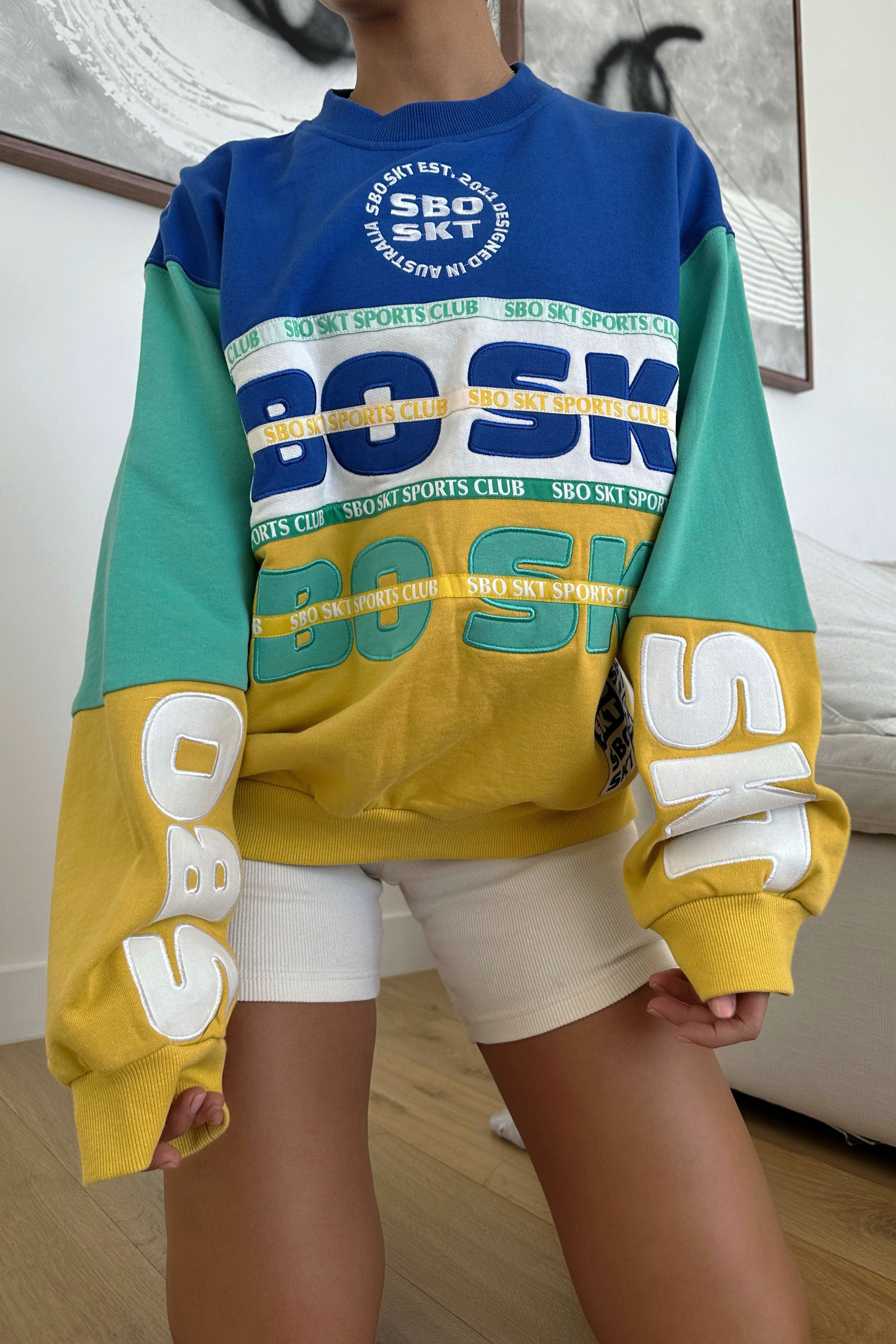 Cozy Oversized Alejandro Sweater in Blue, Green, Yellow and White