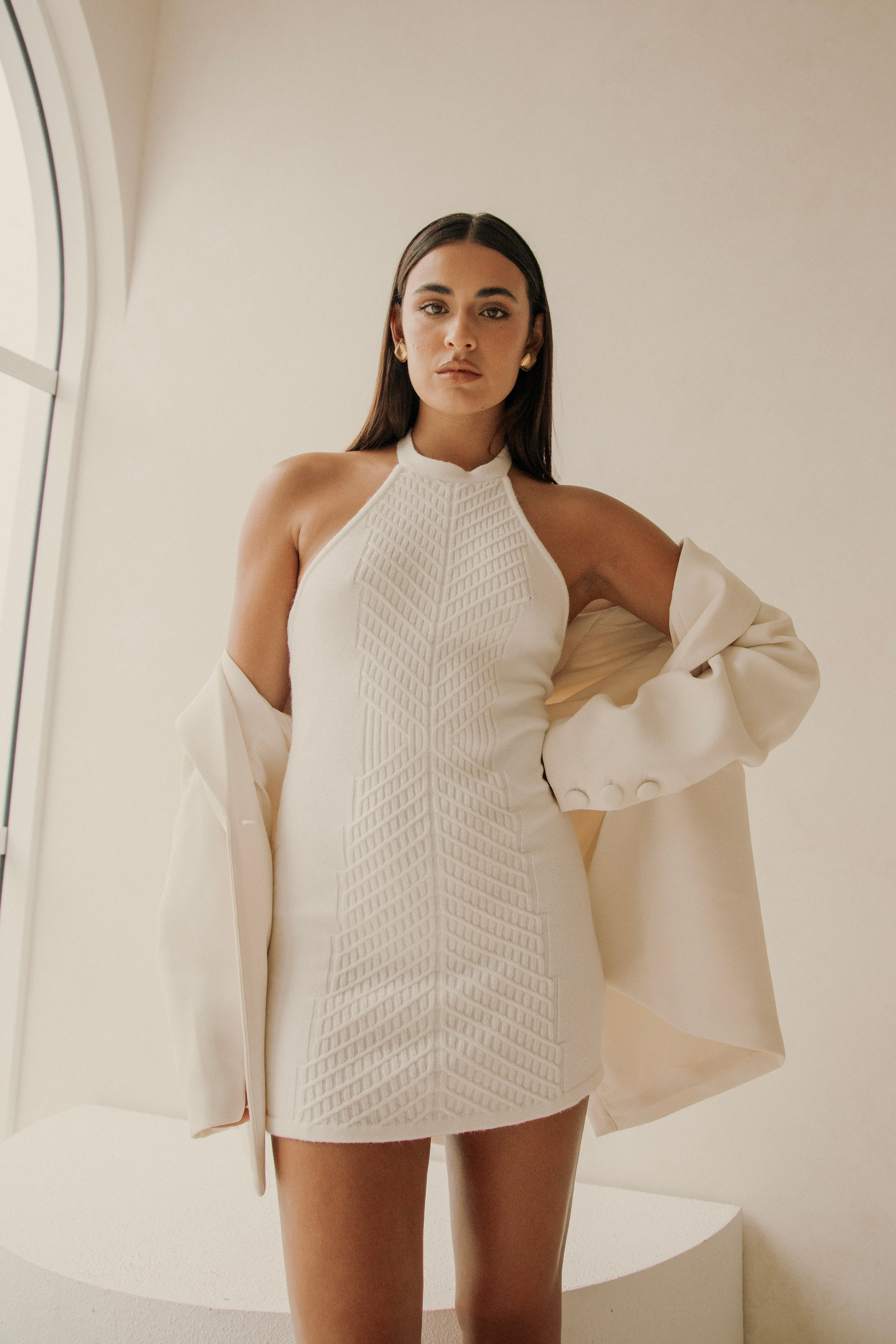 90s-Inspired Cream Halter Neck Atley Mini Dress by Sabo