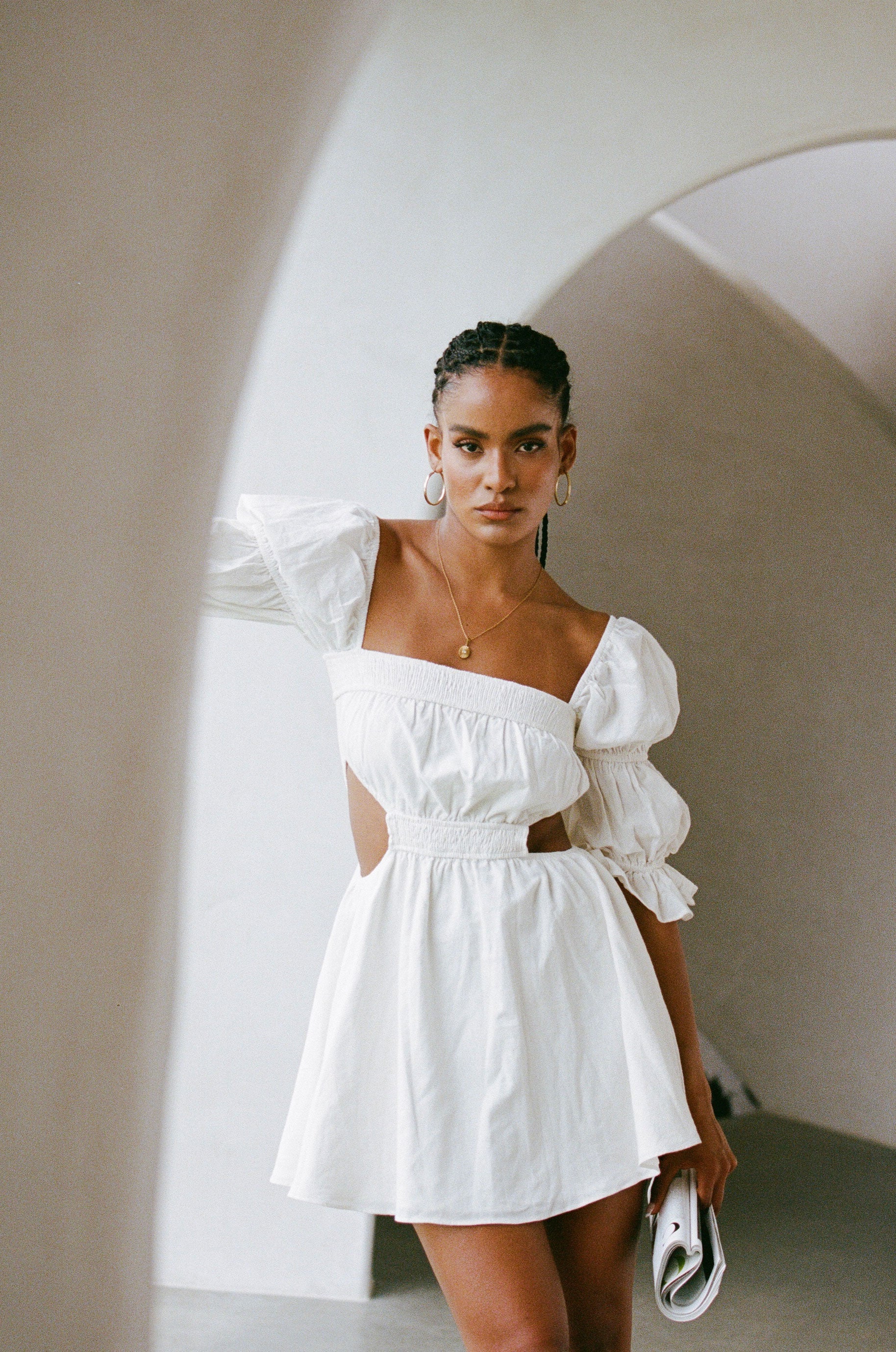 Feminine White Linen-Cotton Blend Vita Dress for Women
