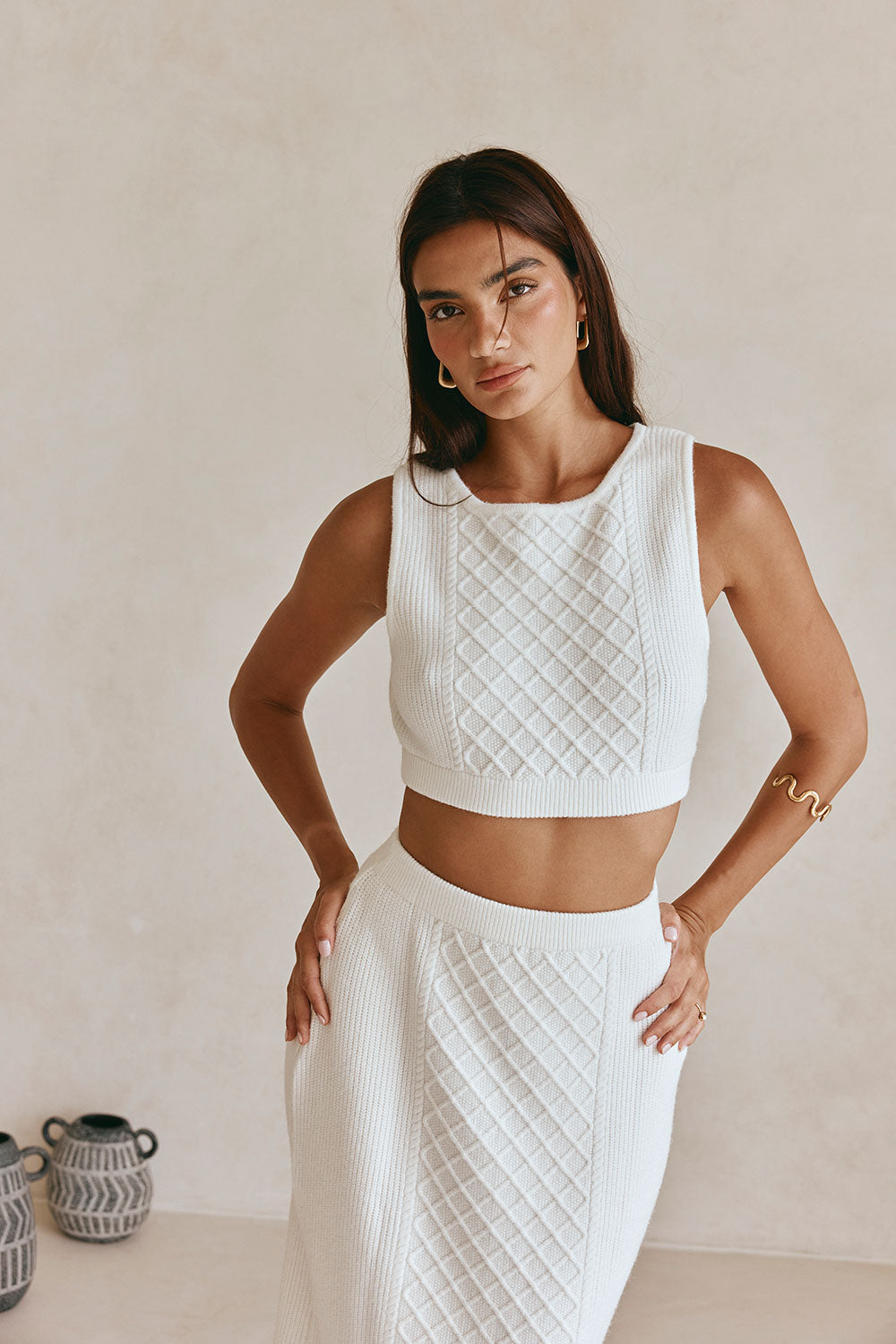 Off-White Soft Cable Knit Lotus Crop Top