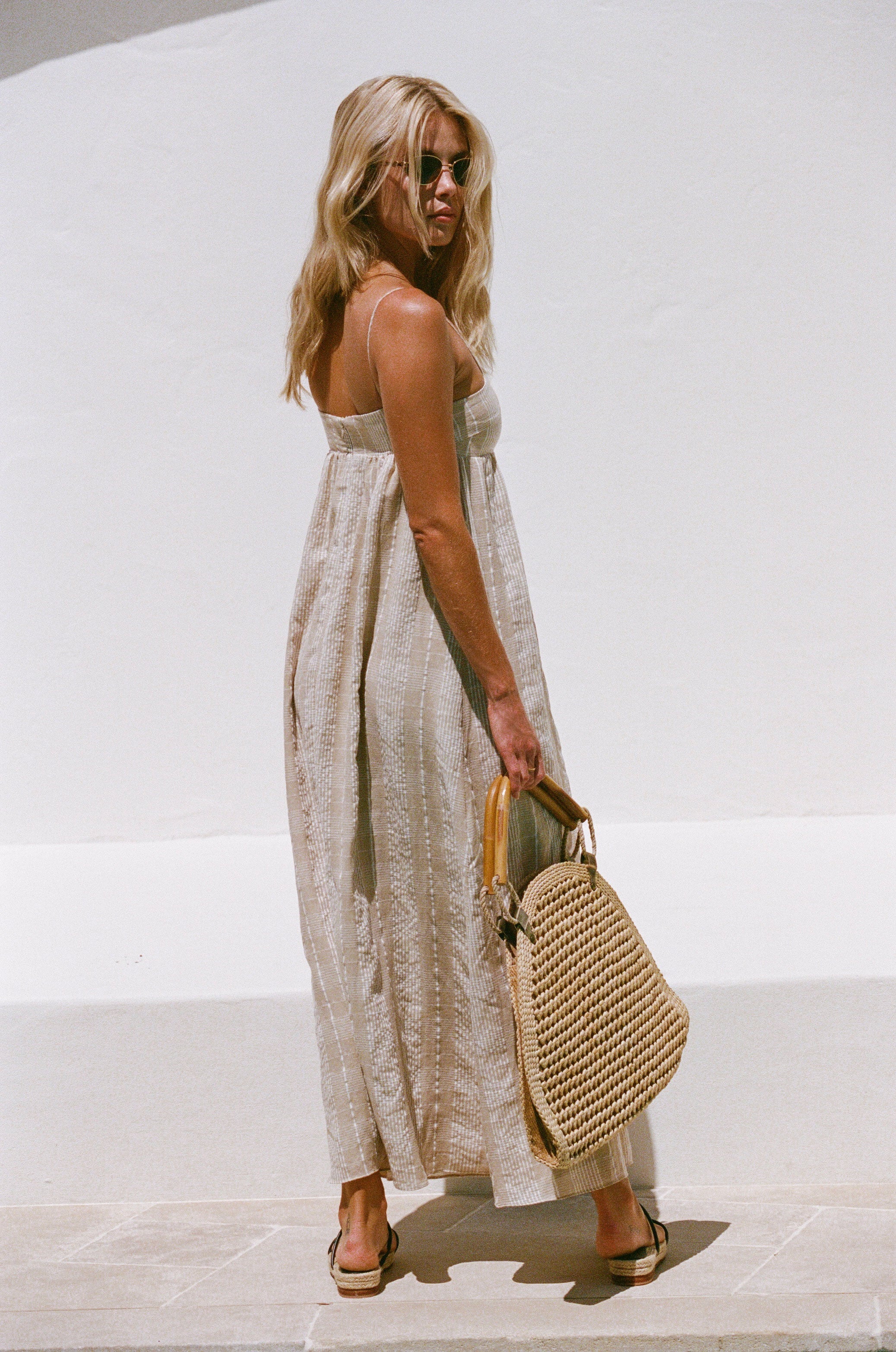 Stylish Azaria Tan Cotton Plaid Dress with Thin Straps