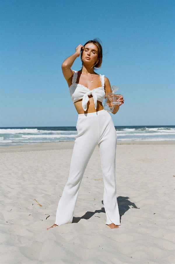Fashionable Off - white Natural Cotton Blend Ribbed High - waisted Morena Pants