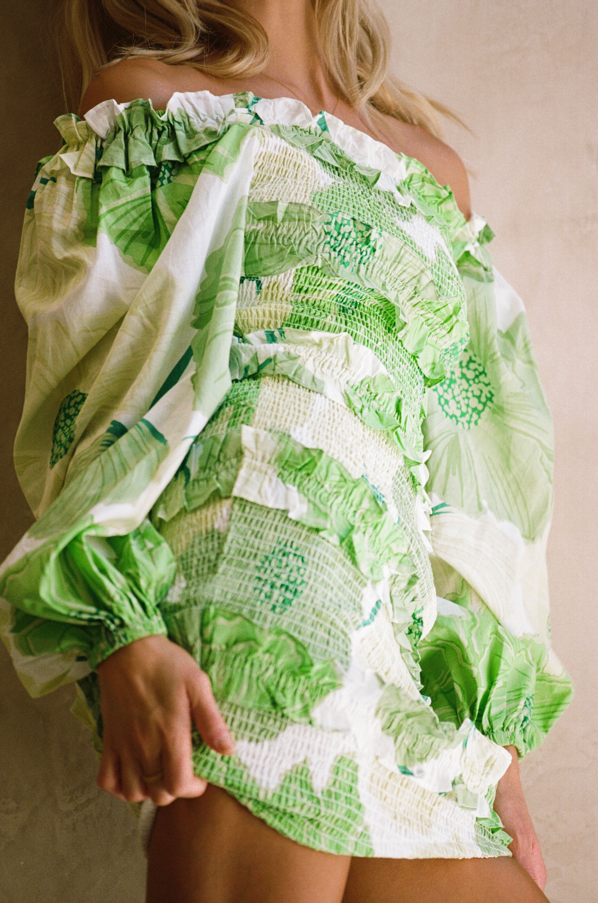 Sabo Exclusive Berlyn Shirred Mini Dress with Moss Lily Print