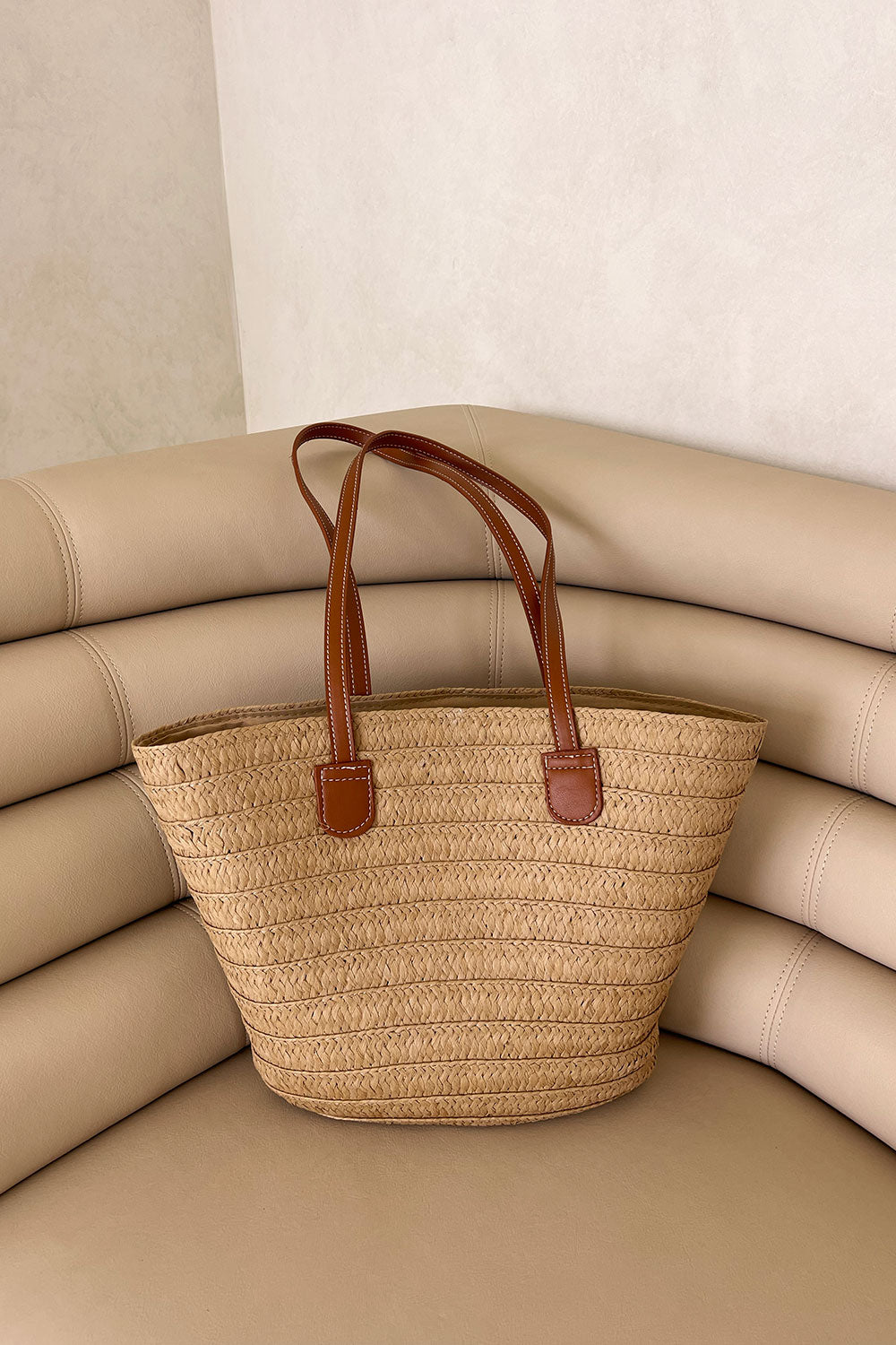 Stylish Xena Tan Vegan Leather Handle Basket Tote for Beach
