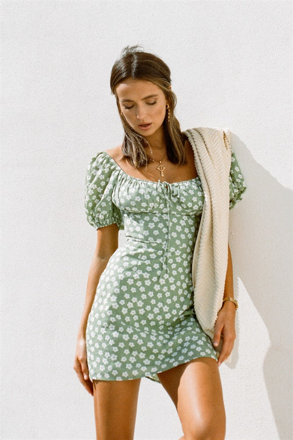 Green Floral Ariana Vacation Dress with Short Puff Sleeves